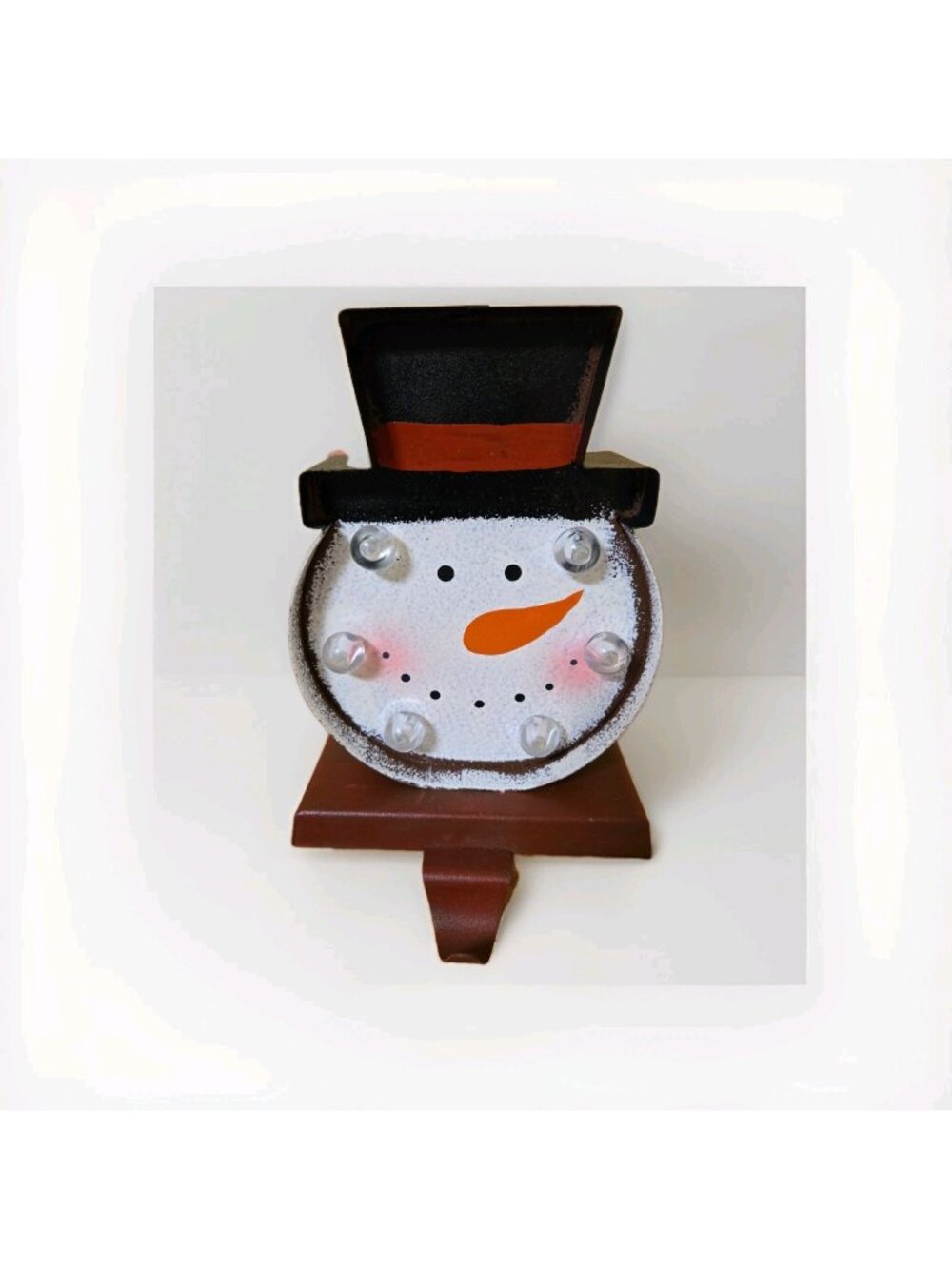 Distressed Metal Snowman Light Up Christmas Stocking Mantel Holder